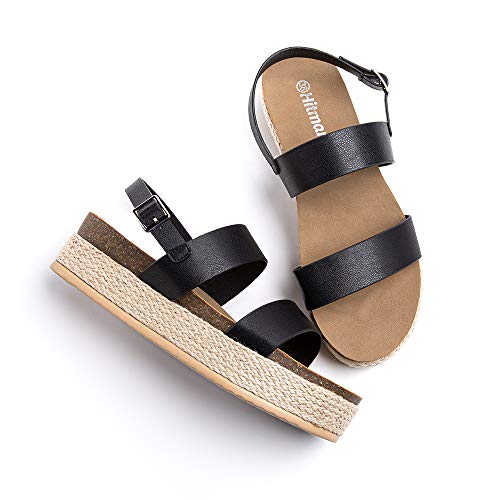 Sandalias Mujer Plataforma Alpargatas Cuña Verano Zapatos de Tacón Punta Abierta Comodas Vestir Correa Tobillo Hebilla Negro-2 39 EU