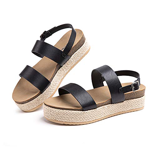 Sandalias Mujer Plataforma Alpargatas Cuña Verano Zapatos de Tacón Punta Abierta Comodas Vestir Correa Tobillo Hebilla Negro-2 39 EU