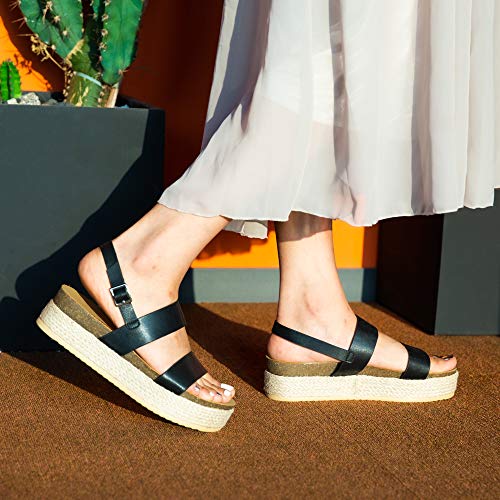 Sandalias Mujer Plataforma Alpargatas Cuña Verano Zapatos de Tacón Punta Abierta Comodas Vestir Correa Tobillo Hebilla Negro-2 39 EU