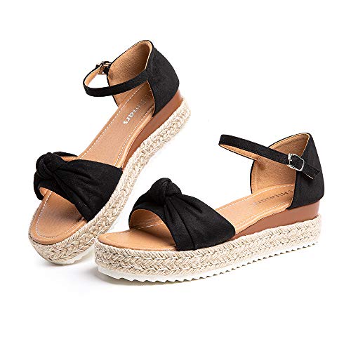 Sandalias Mujer Plataforma Esparto Verano Casual Alpargatas de Cuña Plateau Moda con Correa Tobillo 5 CM negro E talla 39 EU