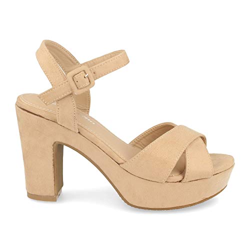 Sandalias Mujer Plataforma forrradas Peep Toe Correa Trasera Primavera Verano 2019. Talla 39 Beige