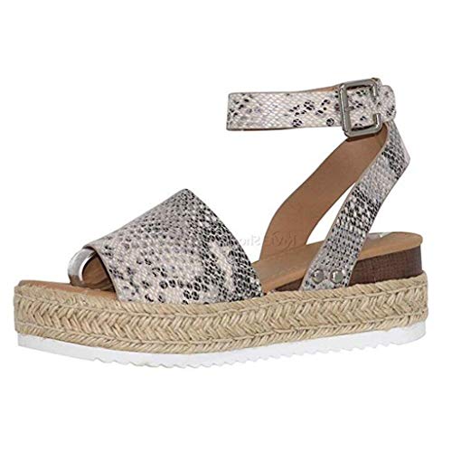 Sandalias Mujer Verano 2019 cáñamo Fondo Grueso Sandalias Punta Abierta Cuero Fondo Plano Zapatos Bohemias Romanas Hebilla Zapatillas Gris 35-43 riou (43, Serpiente)