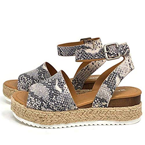 Sandalias Mujer Verano 2019 cáñamo Fondo Grueso Sandalias Punta Abierta Cuero Fondo Plano Zapatos Bohemias Romanas Hebilla Zapatillas Gris 35-43 riou (42, Serpiente)