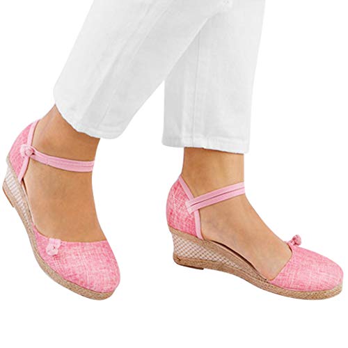 Sandalias Mujer Verano 2019 con Plataforma - Retro Romanas Tejer Paja Zapatos de Cuña - con Altas Tacon 5.5 CM - Talla 34-40 - para Playa Fiesta