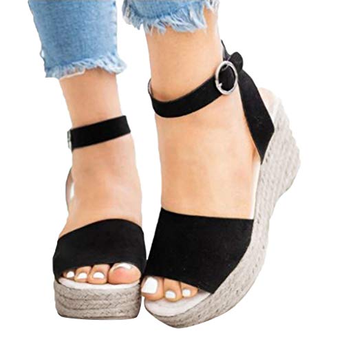 Sandalias Mujer Verano 2019 cuñas cáñamo Gran tamaño para Mujeres Sandalias con Puntera Abierta Correa de Tobillo Alpargata Color sólido Casual Zapato Romanas 35-43 riou