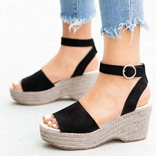 Sandalias Mujer Verano 2019 cuñas cáñamo Gran tamaño para Mujeres Sandalias con Puntera Abierta Correa de Tobillo Alpargata Color sólido Casual Zapato Romanas 35-43 riou