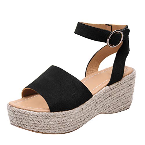 Sandalias Mujer Verano 2019 cuñas cáñamo Gran tamaño para Mujeres Sandalias con Puntera Abierta Correa de Tobillo Alpargata Color sólido Casual Zapato Romanas 35-43 riou