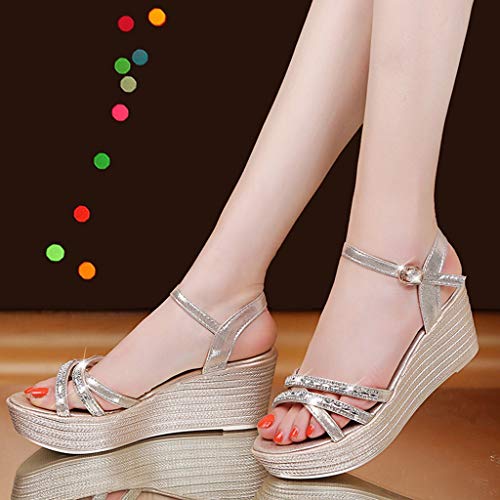 Sandalias Mujer Verano 2019 riou Bohemia Cinturón de Diamantes de imitación con cuña y Zapatillas Abiertas de Playa Zapatillas y Chanclas para Mujeres Zapatos Vestir de Fiesta riou