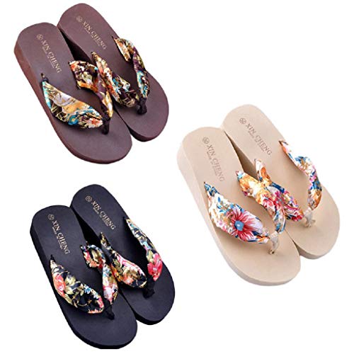 Sandalias Mujer Verano 2019 SHOBDW Zapatillas En Oferta Chanclas Mujer Bohemia Floral Sandalias De Playa Plataforma De Cuña Tangas Zapatillas Chancletas(Negro,EU39)