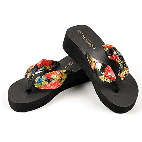 Sandalias Mujer Verano 2019 SHOBDW Zapatillas En Oferta Chanclas Mujer Bohemia Floral Sandalias De Playa Plataforma De Cuña Tangas Zapatillas Chancletas(Negro,EU39)