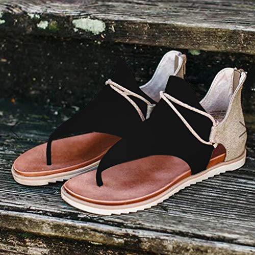 Sandalias Mujer Verano 2020 Cuña Fondo Plano Sandalias Punta Abierta Cuero Retro Zapatos Tacón Plano Casuales Cómodas Mujeres Zapatillas de Playa con Cremallera riou