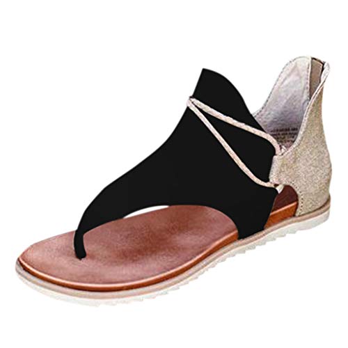 Sandalias Mujer Verano 2020 Cuña Fondo Plano Sandalias Punta Abierta Cuero Retro Zapatos Tacón Plano Casuales Cómodas Mujeres Zapatillas de Playa con Cremallera riou