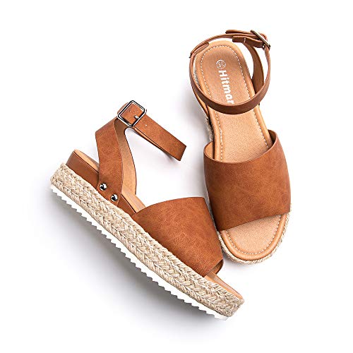 Sandalias Mujer Verano Plataforma Alpargatas Esparto Cuña Zapato Punta Abierta Hebilla Comodas Marrón Talla 39 EU