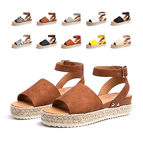 Sandalias Mujer Verano Plataforma Alpargatas Esparto Cuña Zapato Punta Abierta Hebilla Comodas Marrón Talla 39 EU