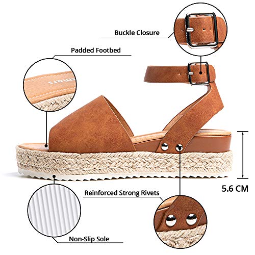 Sandalias Mujer Verano Plataforma Alpargatas Esparto Cuña Zapato Punta Abierta Hebilla Comodas Marrón Talla 39 EU