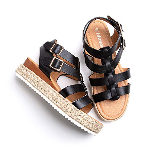 Sandalias Mujer Verano Plataforma Alpargatas Esparto Cuña Zapato Punta Abierta Hebilla Comodas Negro Talla 39 EU