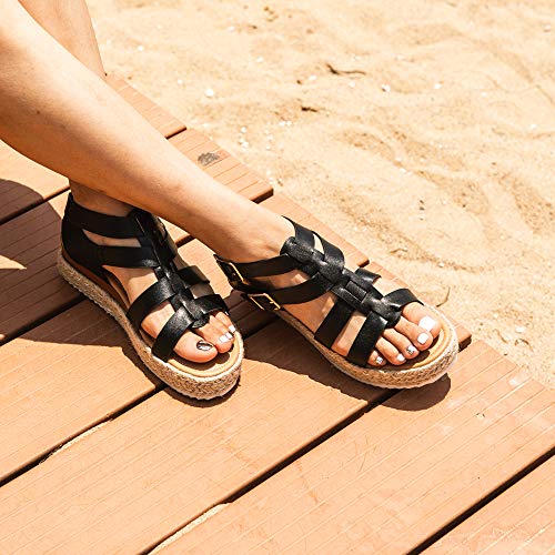 Sandalias Mujer Verano Plataforma Alpargatas Esparto Cuña Zapato Punta Abierta Hebilla Comodas Negro Talla 39 EU