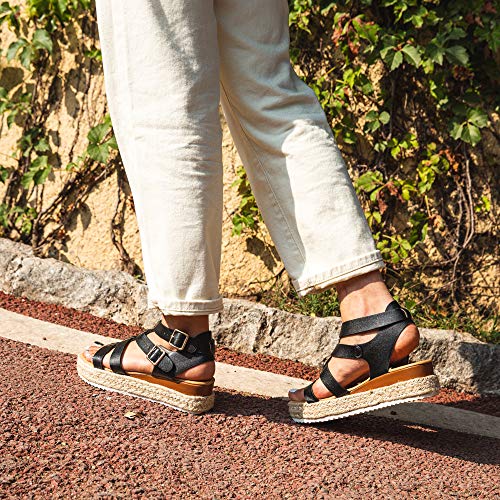 Sandalias Mujer Verano Plataforma Alpargatas Esparto Cuña Zapato Punta Abierta Hebilla Comodas Negro Talla 39 EU