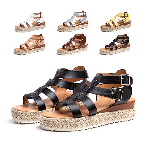 Sandalias Mujer Verano Plataforma Alpargatas Esparto Cuña Zapato Punta Abierta Hebilla Comodas Negro Talla 39 EU