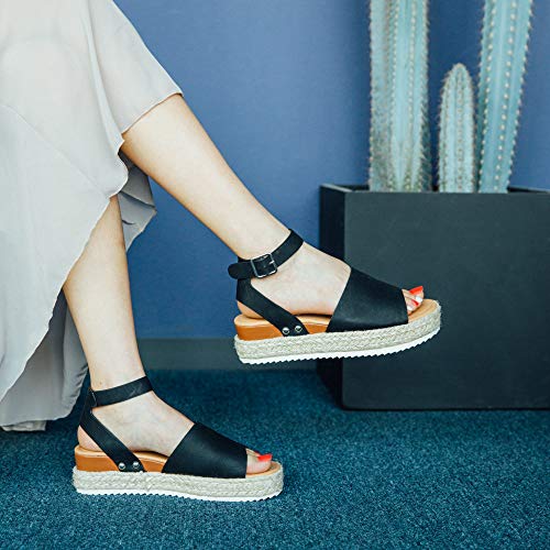 Sandalias Mujer Verano Plataforma Alpargatas Esparto Cuña Zapato Punta Abierta Hebilla Comodas Negro Talla 40 EU