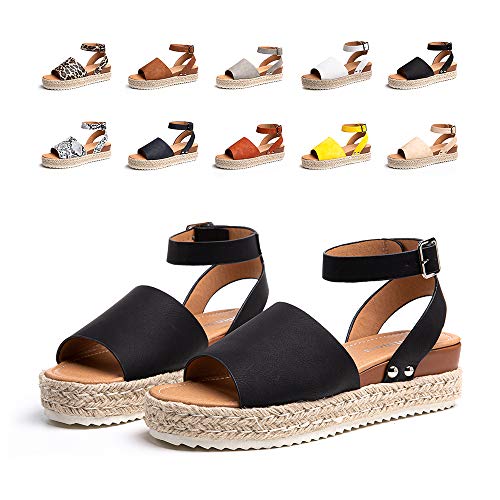 Sandalias Mujer Verano Plataforma Alpargatas Esparto Cuña Zapato Punta Abierta Hebilla Comodas Negro Talla 40 EU