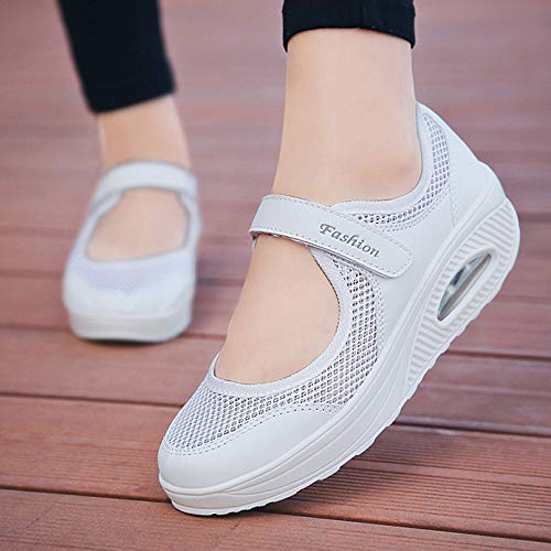 Sandalias para Mujer Malla Merceditas Plataforma Ligero Zapatillas Sneaker Mary Jane Casual Zapatos de Deporte Mocasines Negros Verano EU37 A-Blanco-2