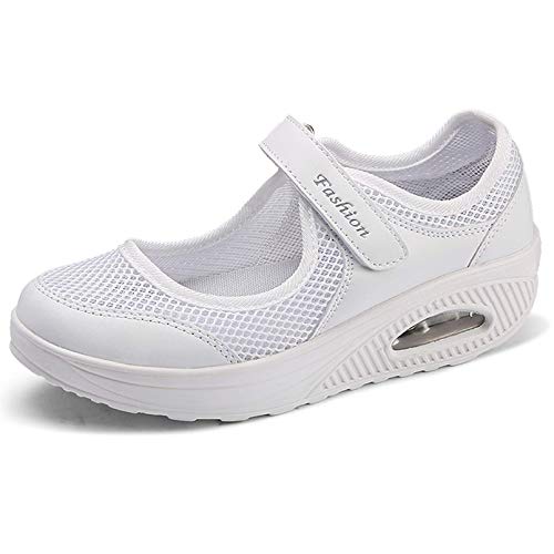 Sandalias para Mujer Malla Merceditas Plataforma Ligero Zapatillas Sneaker Mary Jane Casual Zapatos de Deporte Mocasines Negros Verano EU37 A-Blanco-2