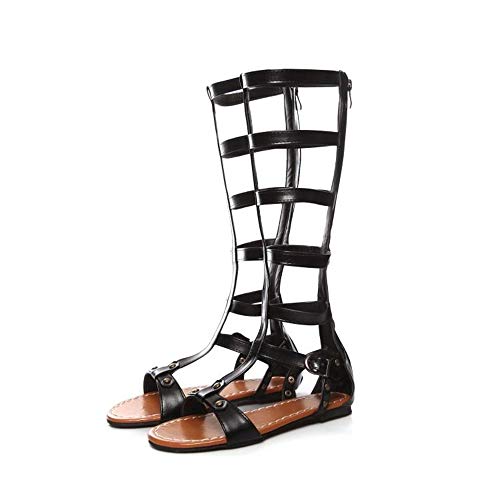 Sandalias planas de gladiador recortadas para mujer Rodilla Correa alta de tobillo Punta abierta Sandalias romanas de gladiador Botas Casual Playa Vacaciones Verano