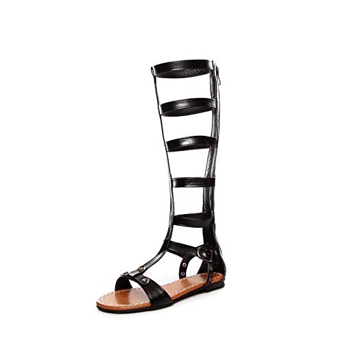 Sandalias planas de gladiador recortadas para mujer Rodilla Correa alta de tobillo Punta abierta Sandalias romanas de gladiador Botas Casual Playa Vacaciones Verano