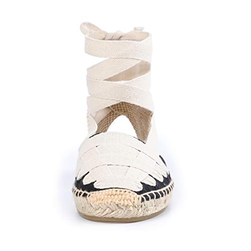 Sandalias Planas para Mujer Alpargatas con Cordones Lazo Suave en el Tobillo Zapatos Cerrados de Playa Zapatos de Playa clásicos Bombas Ocasionales de Lona Retro 35-40