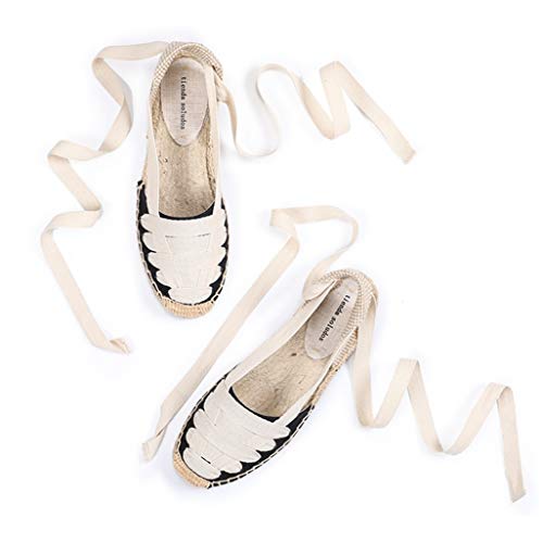 Sandalias Planas para Mujer Alpargatas con Cordones Lazo Suave en el Tobillo Zapatos Cerrados de Playa Zapatos de Playa clásicos Bombas Ocasionales de Lona Retro 35-40