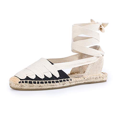 Sandalias Planas para Mujer Alpargatas con Cordones Lazo Suave en el Tobillo Zapatos Cerrados de Playa Zapatos de Playa clásicos Bombas Ocasionales de Lona Retro 35-40