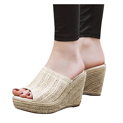 Sandalias Romanas de CuñA Vintage Verano Mujer Bombas de Plataforma de Cuerda de CáñAmo Zapatillas Boho de Playa Zapatos Planos de Casual Y CóModo Sandalias de Punta Abierta de Boca de Pescado 35-43