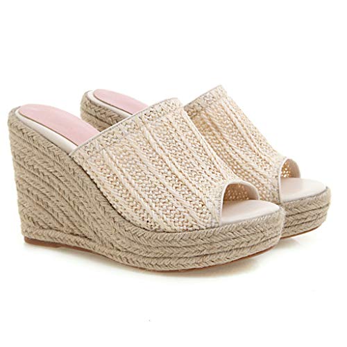 Sandalias Romanas de CuñA Vintage Verano Mujer Bombas de Plataforma de Cuerda de CáñAmo Zapatillas Boho de Playa Zapatos Planos de Casual Y CóModo Sandalias de Punta Abierta de Boca de Pescado 35-43