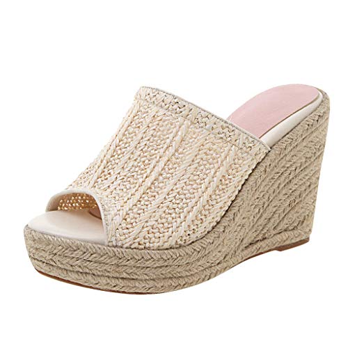 Sandalias Romanas de CuñA Vintage Verano Mujer Bombas de Plataforma de Cuerda de CáñAmo Zapatillas Boho de Playa Zapatos Planos de Casual Y CóModo Sandalias de Punta Abierta de Boca de Pescado 35-43