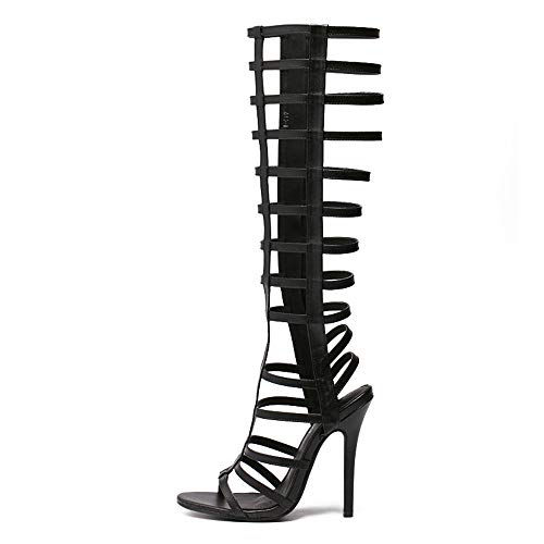 Sandalias Tacón De Aguja Para Mujer Sandalias De Tacón Alto Gladiador De Cuero Botas Con Cremallera Zapatos Romanos De Punta Abierta Para Vestido De Fiesta Primavera Verano,Negro,EU38