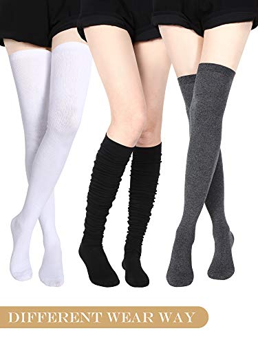 SATINIOR Calcetines Altos de Muslo Medias Extra Largas Medias de Botas Largas para Chicas Mujeres (Negro, Gris Oscuro, Blanco, 3)