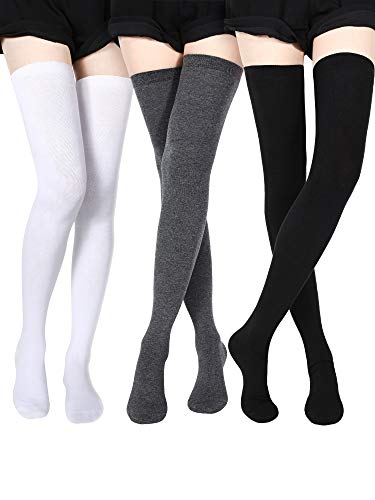 SATINIOR Calcetines Altos de Muslo Medias Extra Largas Medias de Botas Largas para Chicas Mujeres (Negro, Gris Oscuro, Blanco, 3)