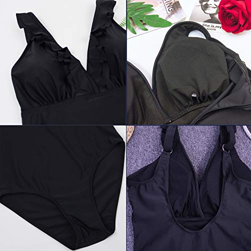 SEDEX Bañadores Mujer Trajes de Baño Una Pieza Retro Volante Fruncido Push Up Escote en V Profundo Halter Elegante Monokini Bañador Natacion Reductor Tankini Ropa de Baño con Relleno, Negro L