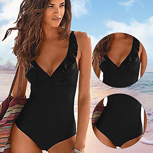 SEDEX Bañadores Mujer Trajes de Baño Una Pieza Retro Volante Fruncido Push Up Escote en V Profundo Halter Elegante Monokini Bañador Natacion Reductor Tankini Ropa de Baño con Relleno, Negro L