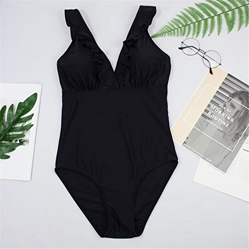 SEDEX Bañadores Mujer Trajes de Baño Una Pieza Retro Volante Fruncido Push Up Escote en V Profundo Halter Elegante Monokini Bañador Natacion Reductor Tankini Ropa de Baño con Relleno, Negro L