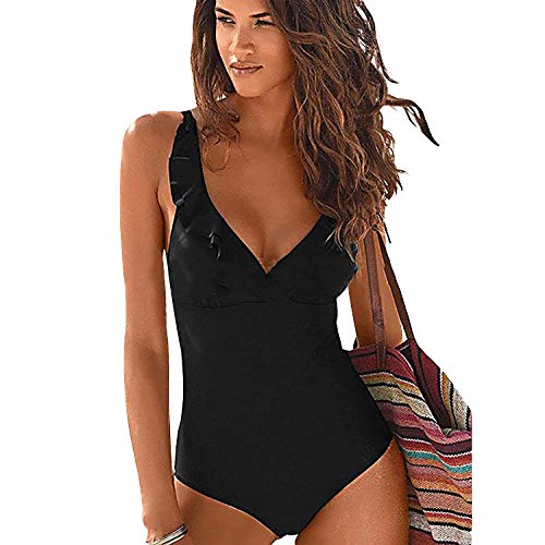 SEDEX Bañadores Mujer Trajes de Baño Una Pieza Retro Volante Fruncido Push Up Escote en V Profundo Halter Elegante Monokini Bañador Natacion Reductor Tankini Ropa de Baño con Relleno, Negro L