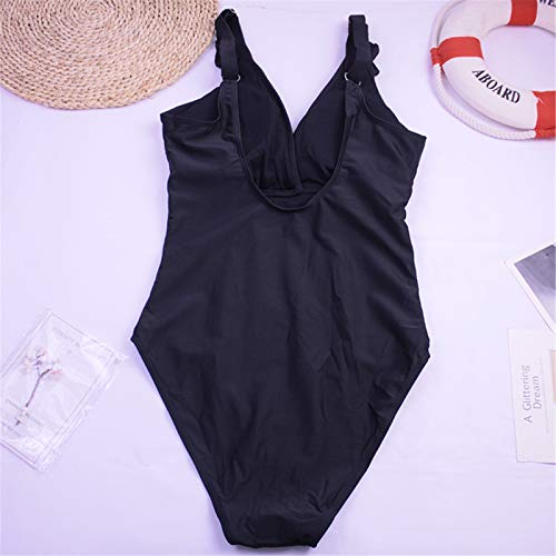 SEDEX Bañadores Mujer Trajes de Baño Una Pieza Retro Volante Fruncido Push Up Escote en V Profundo Halter Elegante Monokini Bañador Natacion Reductor Tankini Ropa de Baño con Relleno, Negro L