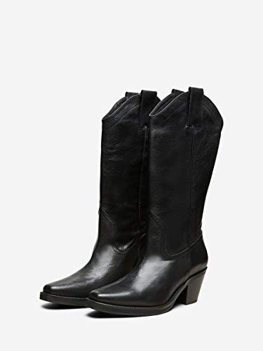 SELECTED FEMME SLFLOUISE Leather Cowboy Boot B, Botas Mujer, Negro, 36 EU