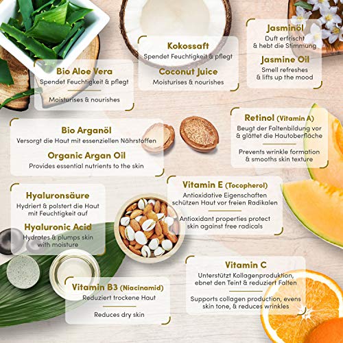 Serum Facial de Retinol ORGÁNICO y Vegano - 100ml - Sistema 3-Retinol de Liberación Sostenida con un Complejo de 25% de Vitamina C, Acido Hialuronico, Aloe vera –Hecho en Alemania