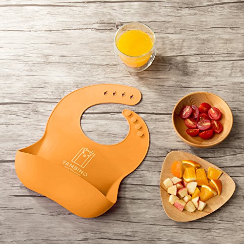 Set de 2 baberos de bebé con correa 30x22cm - Saco de goteo de silicona suave sin BPA – babero silicona bebe babero rigido bebe baberos silicona bebe babero silicona baberos YAMBINO (Naranja/Amarillo)