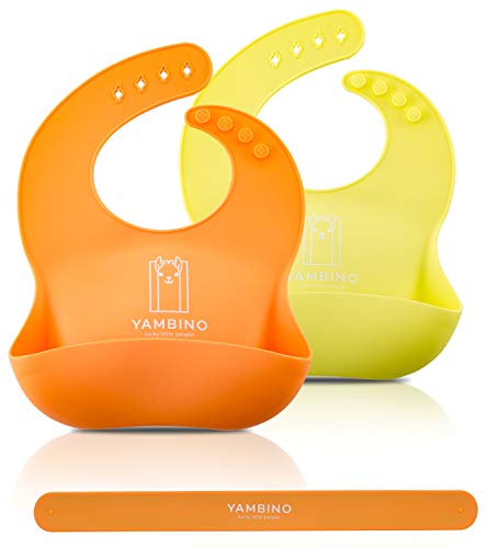 Set de 2 baberos de bebé con correa 30x22cm - Saco de goteo de silicona suave sin BPA – babero silicona bebe babero rigido bebe baberos silicona bebe babero silicona baberos YAMBINO (Naranja/Amarillo)