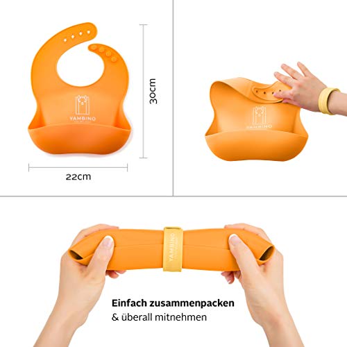 Set de 2 baberos de bebé con correa 30x22cm - Saco de goteo de silicona suave sin BPA – babero silicona bebe babero rigido bebe baberos silicona bebe babero silicona baberos YAMBINO (Naranja/Amarillo)