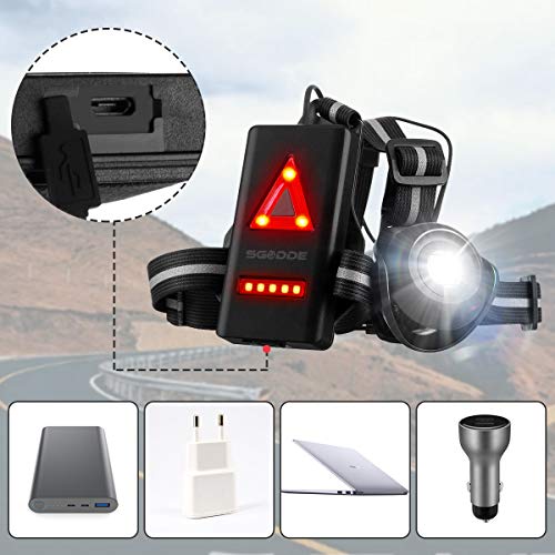 SGODDE Luz para Correr Running, Luz del pecho, Luz Led Frontal Correr con Recargables USB Impermeable, Lámpara 2 Modos 500 Lúmenes, con Cinta reflectante, Liviano, Cómodo e Ideal para Trotar, Competir
