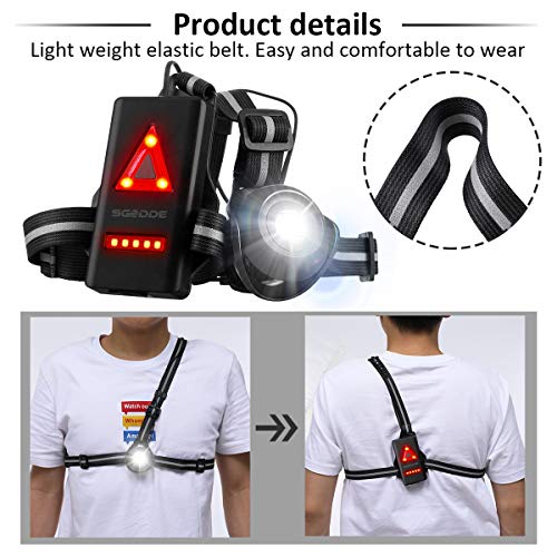 SGODDE Luz para Correr Running, Luz del pecho, Luz Led Frontal Correr con Recargables USB Impermeable, Lámpara 2 Modos 500 Lúmenes, con Cinta reflectante, Liviano, Cómodo e Ideal para Trotar, Competir